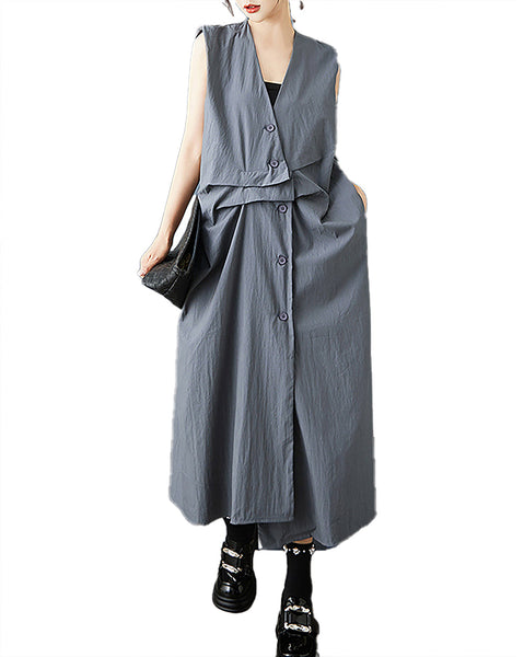 ellazhu Women's Dress Solid Sleeveless Button Down V-Neck Plus Size Fashion Casual Loose GZ581 Black