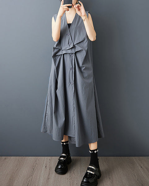 ellazhu Women's Dress Solid Sleeveless Button Down V-Neck Plus Size Fashion Casual Loose GZ581 Black
