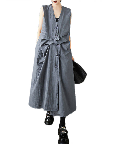 ellazhu Women's Dress Solid Sleeveless Button Down V-Neck Plus Size Fashion Casual Loose GZ581 Black
