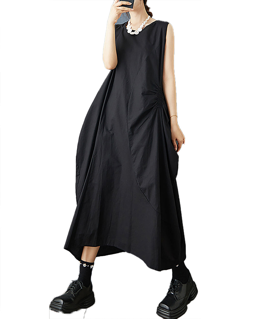 ellazhu Women's Dress Solid Crewneck Sleeveless Two Sie Pockets Cocoon Shape Fashion Casual Loose GZ582 Black