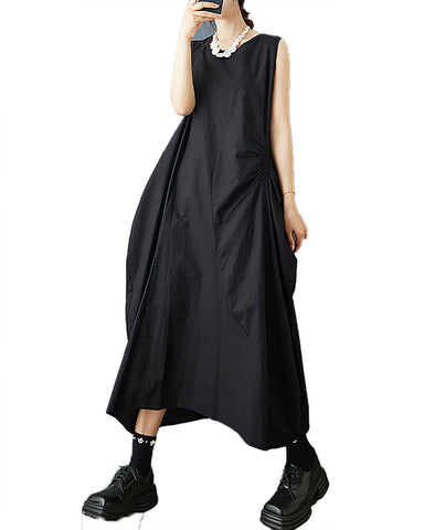 ellazhu Women's Dress Solid Crewneck Sleeveless Two Sie Pockets Cocoon Shape Fashion Casual Loose GZ582 Black