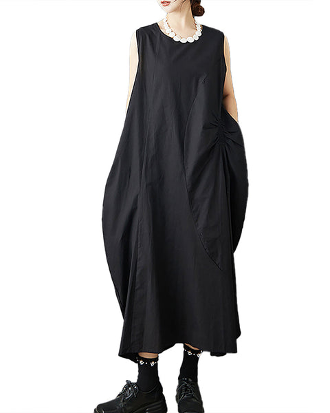 ellazhu Women's Dress Solid Crewneck Sleeveless Two Sie Pockets Cocoon Shape Fashion Casual Loose GZ582 Black
