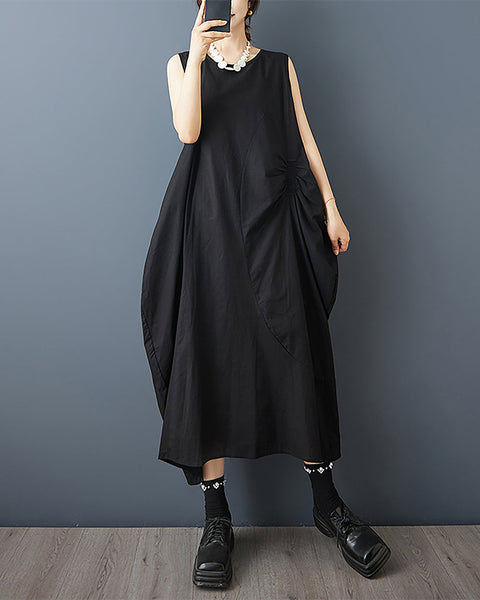ellazhu Women's Dress Solid Crewneck Sleeveless Two Sie Pockets Cocoon Shape Fashion Casual Loose GZ582 Black