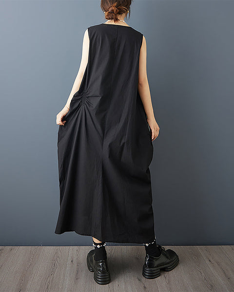 ellazhu Women's Dress Solid Crewneck Sleeveless Two Sie Pockets Cocoon Shape Fashion Casual Loose GZ582 Black
