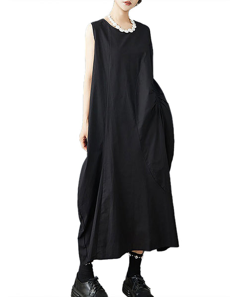 ellazhu Women's Dress Solid Crewneck Sleeveless Two Sie Pockets Cocoon Shape Fashion Casual Loose GZ582 Black
