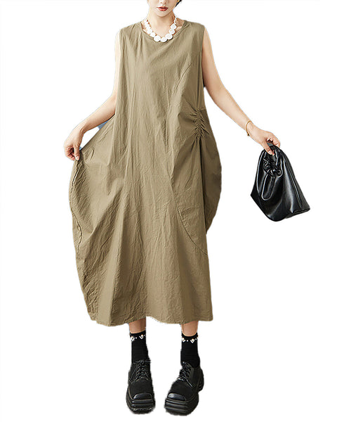 ellazhu Women's Dress Solid Crewneck Sleeveless Two Sie Pockets Cocoon Shape Fashion Casual Loose GZ582 Black