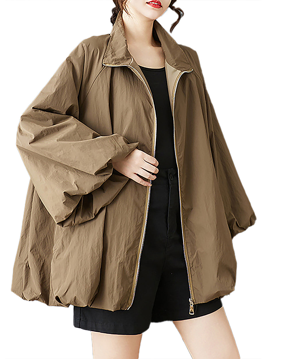 ellazhu Women's Coat Solid Zipper Up Puffed Bubble Long Sleeve Two Side Pockets Mock Neck Plus Size Casual Fashion GZ583 Apricat