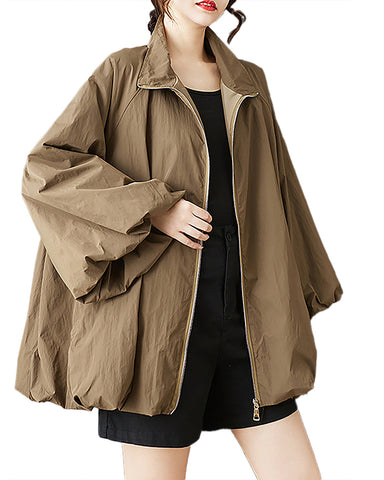 ellazhu Women's Coat Solid Zipper Up Puffed Bubble Long Sleeve Two Side Pockets Mock Neck Plus Size Casual Fashion GZ583 Apricat