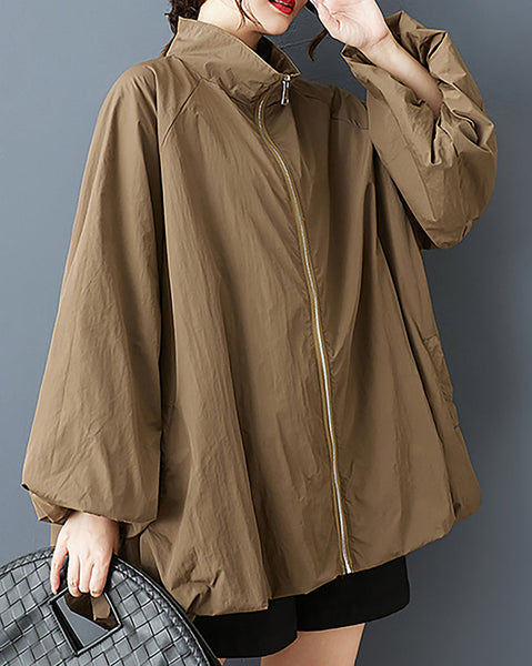 ellazhu Women's Coat Solid Zipper Up Puffed Bubble Long Sleeve Two Side Pockets Mock Neck Plus Size Casual Fashion GZ583 Apricat