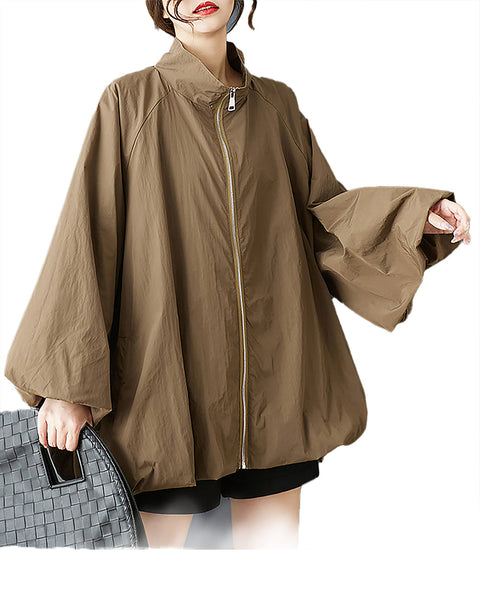 ellazhu Women's Coat Solid Zipper Up Puffed Bubble Long Sleeve Two Side Pockets Mock Neck Plus Size Casual Fashion GZ583 Apricat