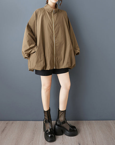 ellazhu Women's Coat Solid Zipper Up Puffed Bubble Long Sleeve Two Side Pockets Mock Neck Plus Size Casual Fashion GZ583 Apricat