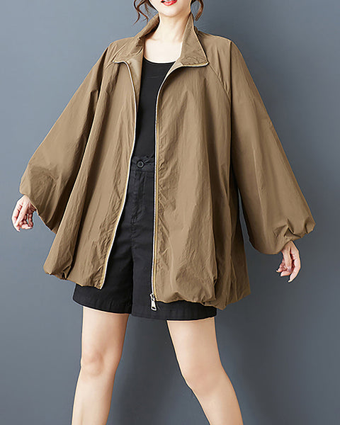 ellazhu Women's Coat Solid Zipper Up Puffed Bubble Long Sleeve Two Side Pockets Mock Neck Plus Size Casual Fashion GZ583 Apricat