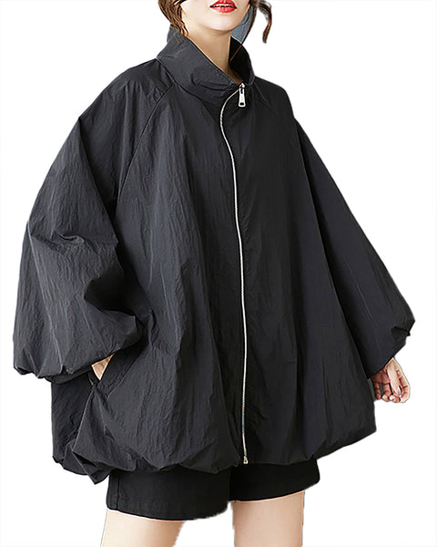 ellazhu Women's Coat Solid Zipper Up Puffed Bubble Long Sleeve Two Side Pockets Mock Neck Plus Size Casual Fashion GZ583 Apricat