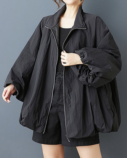 ellazhu Women's Coat Solid Zipper Up Puffed Bubble Long Sleeve Two Side Pockets Mock Neck Plus Size Casual Fashion GZ583 Apricat
