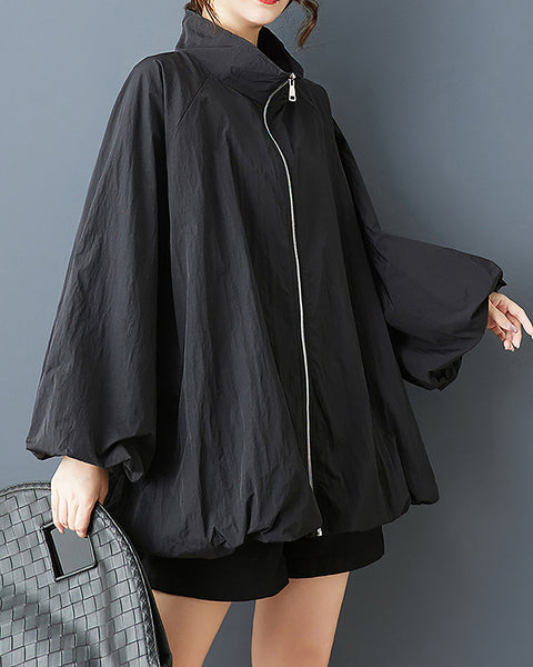 ellazhu Women's Coat Solid Zipper Up Puffed Bubble Long Sleeve Two Side Pockets Mock Neck Plus Size Casual Fashion GZ583 Apricat