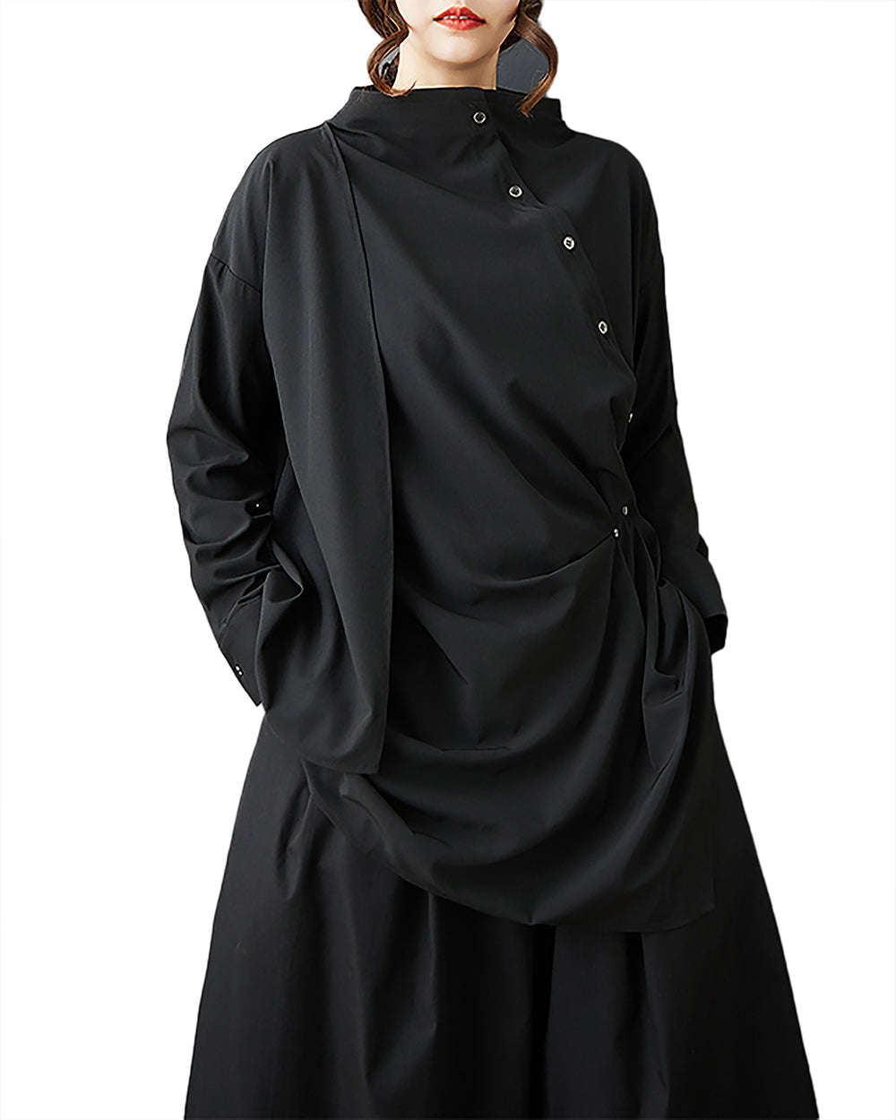 ellazhu Women's Shirt Solid Mock Neck Long Sleeve Irregualr Hem Plus Size Fashion Casual Maxi GZ584 Black
