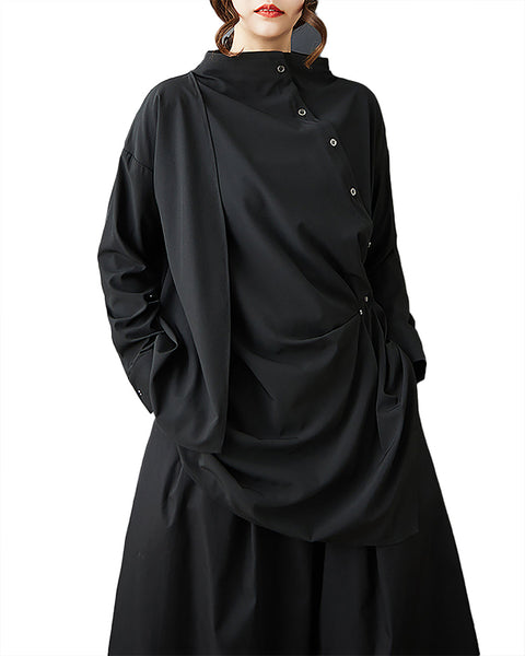 ellazhu Women's Shirt Solid Mock Neck Long Sleeve Irregualr Hem Plus Size Fashion Casual Maxi GZ584 Black