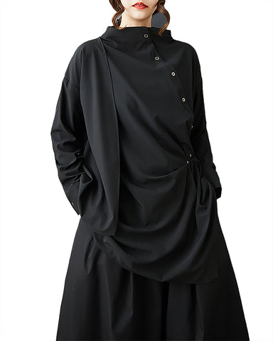 ellazhu Women's Shirt Solid Mock Neck Long Sleeve Irregualr Hem Plus Size Fashion Casual Maxi GZ584 Black