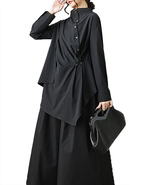 ellazhu Women's Shirt Solid Mock Neck Long Sleeve Irregualr Hem Plus Size Fashion Casual Maxi GZ584 Black
