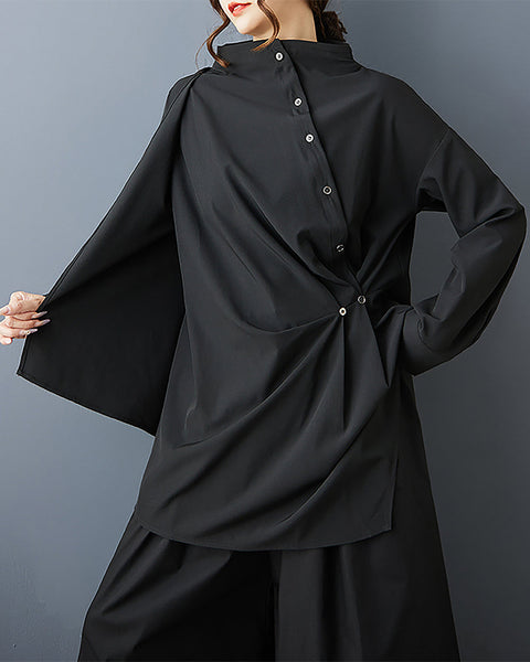 ellazhu Women's Shirt Solid Mock Neck Long Sleeve Irregualr Hem Plus Size Fashion Casual Maxi GZ584 Black