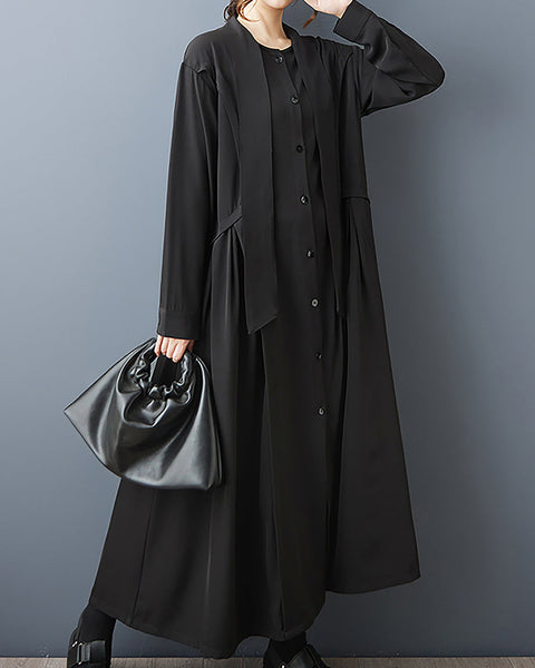 ellazhu Women's Dress Solid Long Sleeve Button Down Two Side Pockets Tie-Neck Plus Size GZ585 Black