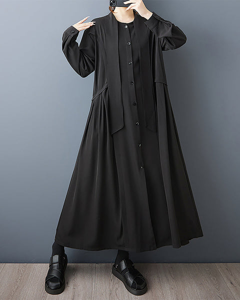 ellazhu Women's Dress Solid Long Sleeve Button Down Two Side Pockets Tie-Neck Plus Size GZ585 Black