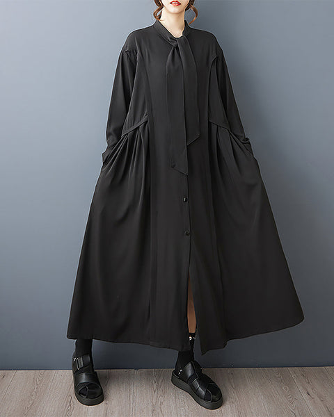 ellazhu Women's Dress Solid Long Sleeve Button Down Two Side Pockets Tie-Neck Plus Size GZ585 Black