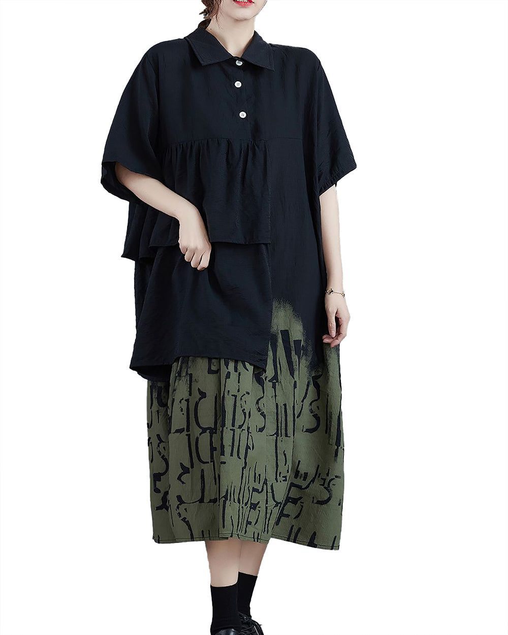 ellazhu Women's Dress Lapel Short Sleeve Patchwork Layered Plus Size Casual Fashion Loose Maxi GZ586