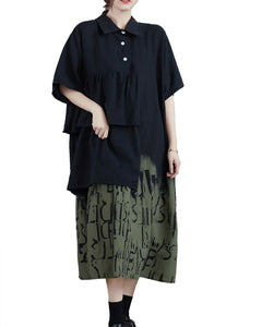 ellazhu Women's Dress Lapel Short Sleeve Patchwork Layered Plus Size Casual Fashion Loose Maxi GZ586