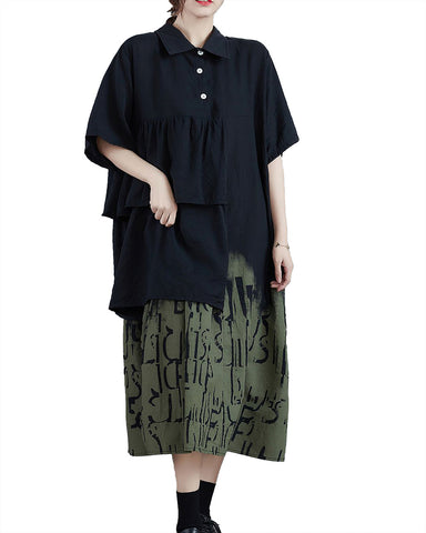 ellazhu Women's Dress Lapel Short Sleeve Patchwork Layered Plus Size Casual Fashion Loose Maxi GZ586
