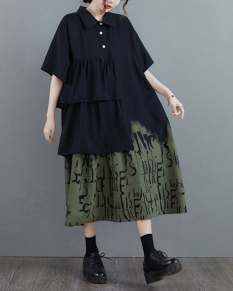 ellazhu Women's Dress Lapel Short Sleeve Patchwork Layered Plus Size Casual Fashion Loose Maxi GZ586
