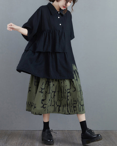 ellazhu Women's Dress Lapel Short Sleeve Patchwork Layered Plus Size Casual Fashion Loose Maxi GZ586