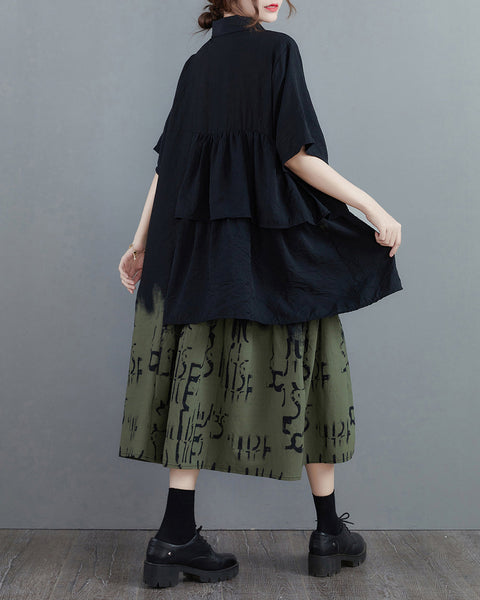 ellazhu Women's Dress Lapel Short Sleeve Patchwork Layered Plus Size Casual Fashion Loose Maxi GZ586
