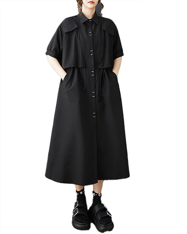 ellazhu Women's Dress Solid Lapel Button Down Two Side Pockets Short Sleeve Plus Size Maxi Loose Casual Fashion GZ587 Black