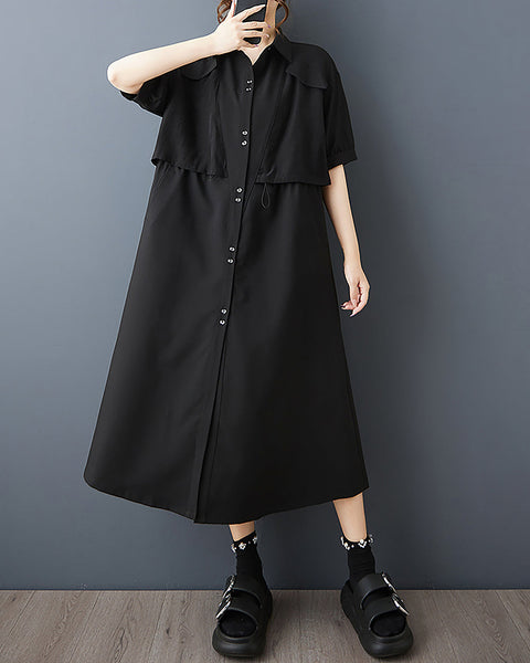ellazhu Women's Dress Solid Lapel Button Down Two Side Pockets Short Sleeve Plus Size Maxi Loose Casual Fashion GZ587 Black