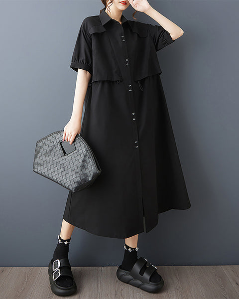 ellazhu Women's Dress Solid Lapel Button Down Two Side Pockets Short Sleeve Plus Size Maxi Loose Casual Fashion GZ587 Black