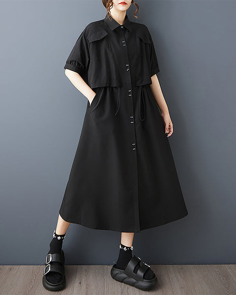 ellazhu Women's Dress Solid Lapel Button Down Two Side Pockets Short Sleeve Plus Size Maxi Loose Casual Fashion GZ587 Black