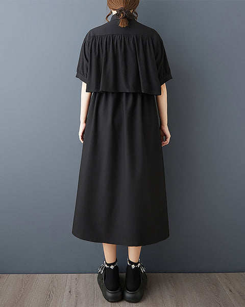 ellazhu Women's Dress Solid Lapel Button Down Two Side Pockets Short Sleeve Plus Size Maxi Loose Casual Fashion GZ587 Black