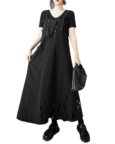 ellazhu Women's Dress Solid Overalls Dress Adjustable Suspenders Hollow-Out Hem Plus Size Casual Fashion GZ588 Black