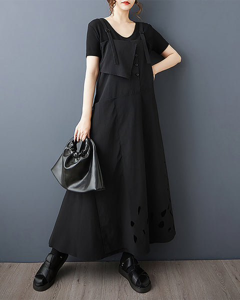 ellazhu Women's Dress Solid Overalls Dress Adjustable Suspenders Hollow-Out Hem Plus Size Casual Fashion GZ588 Black