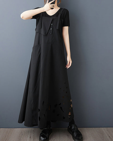 ellazhu Women's Dress Solid Overalls Dress Adjustable Suspenders Hollow-Out Hem Plus Size Casual Fashion GZ588 Black