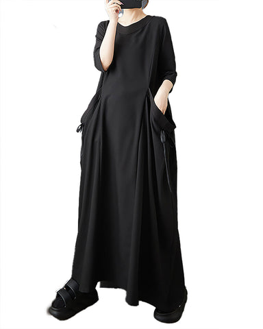 ellazhu Women's Dress Solid Crewneck Three-Quarter Long Sleeve Two Side Pockets Plus Size Flowy Hem Casual Fashion Maxi GZ589 Black