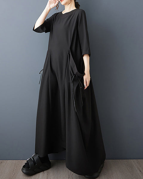 ellazhu Women's Dress Solid Crewneck Three-Quarter Long Sleeve Two Side Pockets Plus Size Flowy Hem Casual Fashion Maxi GZ589 Black