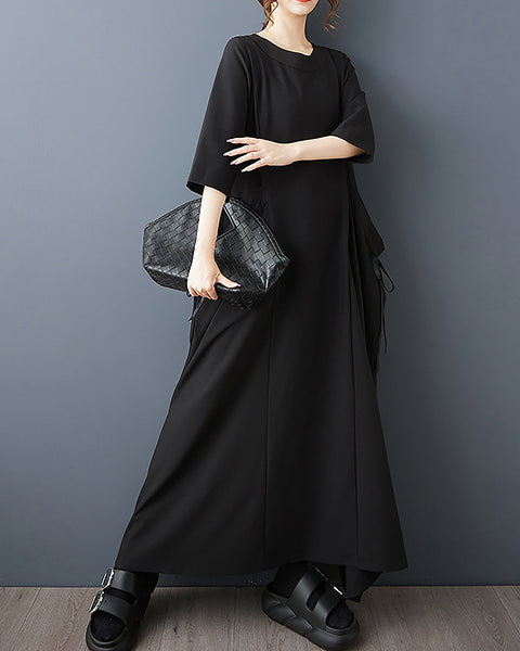 ellazhu Women's Dress Solid Crewneck Three-Quarter Long Sleeve Two Side Pockets Plus Size Flowy Hem Casual Fashion Maxi GZ589 Black