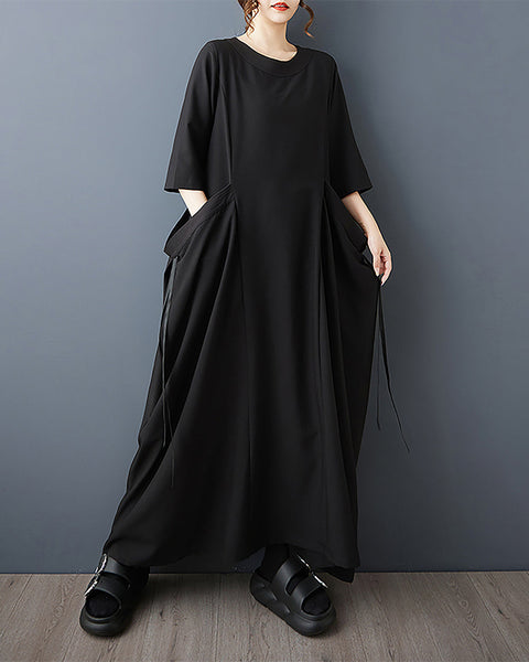 ellazhu Women's Dress Solid Crewneck Three-Quarter Long Sleeve Two Side Pockets Plus Size Flowy Hem Casual Fashion Maxi GZ589 Black