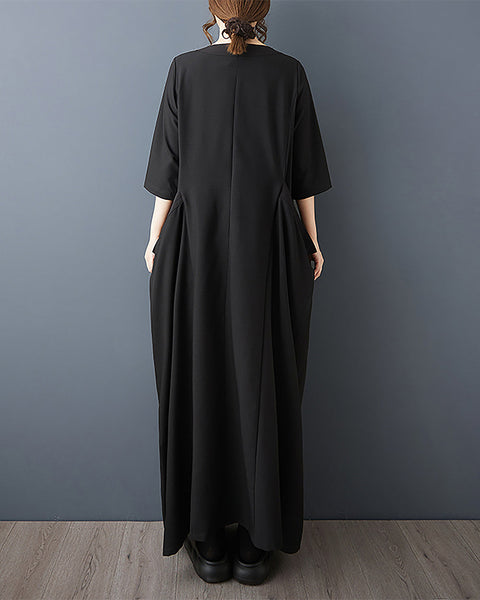 ellazhu Women's Dress Solid Crewneck Three-Quarter Long Sleeve Two Side Pockets Plus Size Flowy Hem Casual Fashion Maxi GZ589 Black