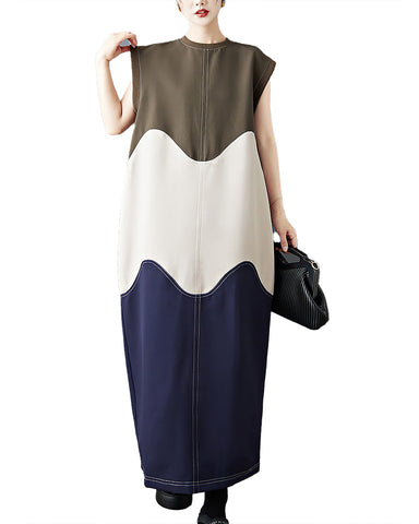 ellazhu Women's Dress Patchwork Color Blocking Sleeveless Crewneck Multicolor Cocoon Shape Split Hem Plus Size Fashion Casual Loose GZ590