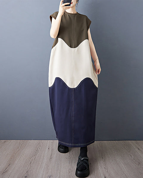 ellazhu Women's Dress Patchwork Color Blocking Sleeveless Crewneck Multicolor Cocoon Shape Split Hem Plus Size Fashion Casual Loose GZ590