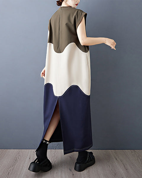 ellazhu Women's Dress Patchwork Color Blocking Sleeveless Crewneck Multicolor Cocoon Shape Split Hem Plus Size Fashion Casual Loose GZ590