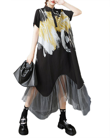 ellazhu Women's Dress Printed Short Sleeve Button Up Patchwork Tulle Irregular Hem Fashion Casual Loose Plus Size Maxi GZ591 Printed